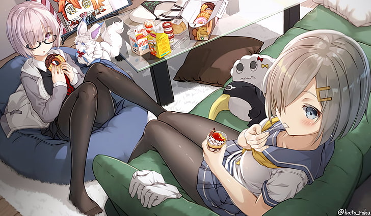 grey female anime characters, Hamakaze (KanColle), Mashu Kyrielight, Fate/Grand Order, Kantai Collection, anime girls, pantyhose, Shielder (Fate/Grand Order), HD wallpaper