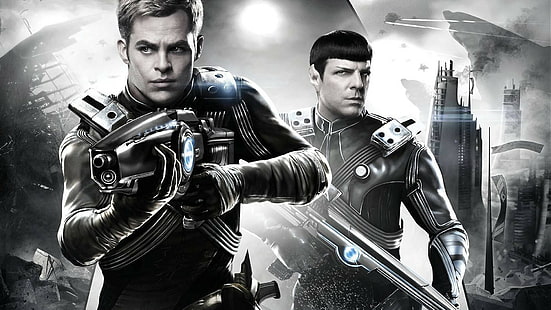 Chris Pine, James T., Kirk, Monochrom, Filme, Spock, Star Trek Into Darkness, Zachary Quinto, HD-Hintergrundbild HD wallpaper