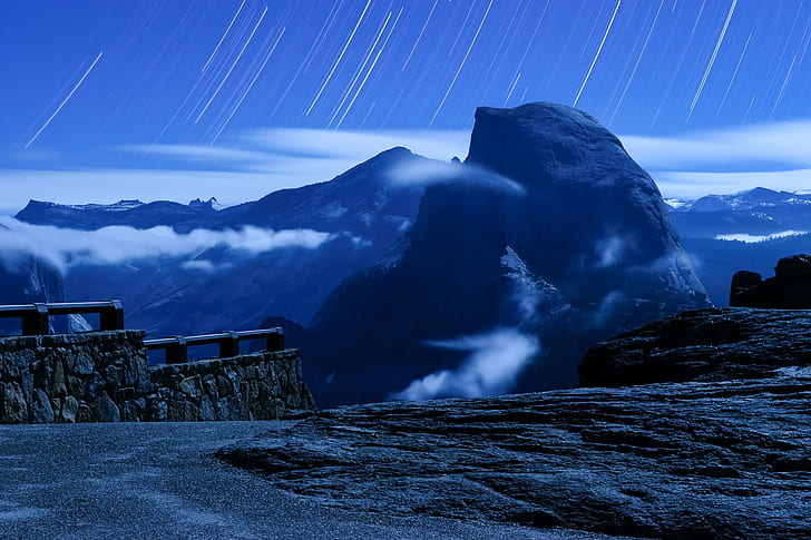 black mountain under clear sky during daytime, Half Dome, Heaven, black mountain, daytime, halfdome, yosemite, night, stars, clouds, rocks, longexposure, moonlight, moon, nature, mountain, landscape, snow, HD wallpaper