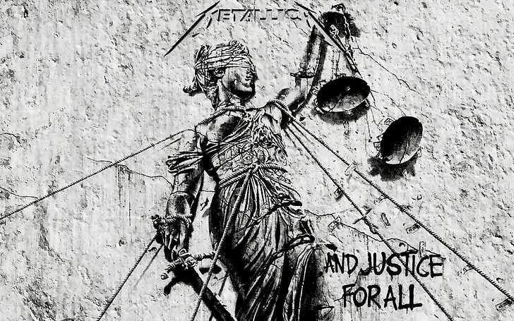 Logo Justice, Metallica, okładki albumów, heavy metal, thrash metal, muzyka metalowa, muzyka, typografia, posąg, Tapety HD