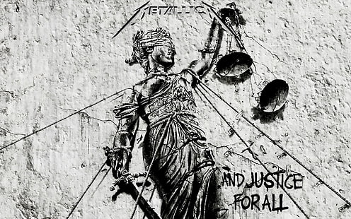 Logo Justice, Metallica, okładki albumów, heavy metal, thrash metal, muzyka metalowa, muzyka, typografia, posąg, Tapety HD HD wallpaper