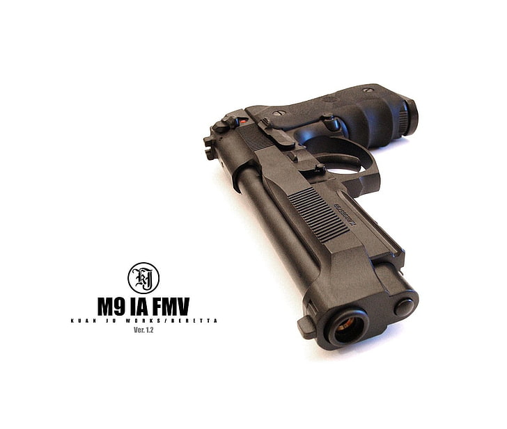 pistola M9 negra con superposición de texto, armas, pistola Beretta, Beretta, pistola, pistola, arma, Fondo de pantalla HD