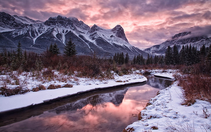 Natur, Landschaft, Schnee, Winter, Fluss, Berge, Bäume, HD-Hintergrundbild