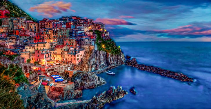 sea, rocks, coast, building, home, Italy, The Ligurian sea, Manarola, Cinque Terre, Ligurian Sea, HD wallpaper