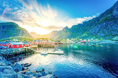 jezioro, Lofoty, 5k, dom, Norwegia, 8k, 4k, góry, Tapety HD HD wallpaper