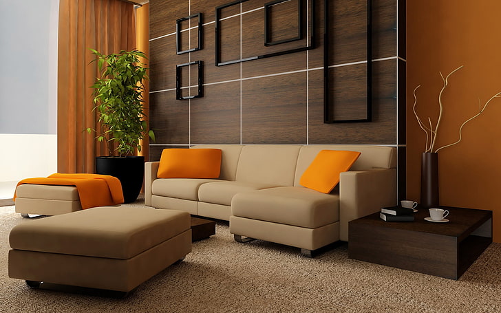 mesa lateral de madeira marrom, sofá, móveis, cadeira, almofada, conforto, HD papel de parede