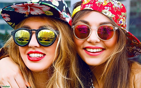 очки, улыбка, шляпа, сестры, женщины в очках, модель, блондинка, HD обои HD wallpaper