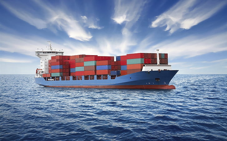 Barco de contenedores, mar, nubes, buque de carga azul, contenedor, barco, mar, nubes, Fondo de pantalla HD