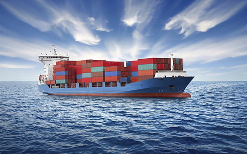Barco de contenedores, mar, nubes, buque de carga azul, contenedor, barco, mar, nubes, Fondo de pantalla HD HD wallpaper