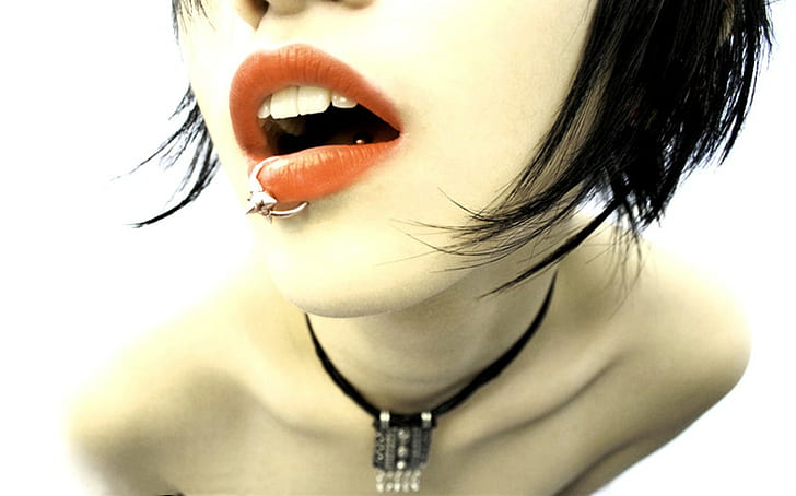 women, face, pierced lip, pierced tongue, HD wallpaper