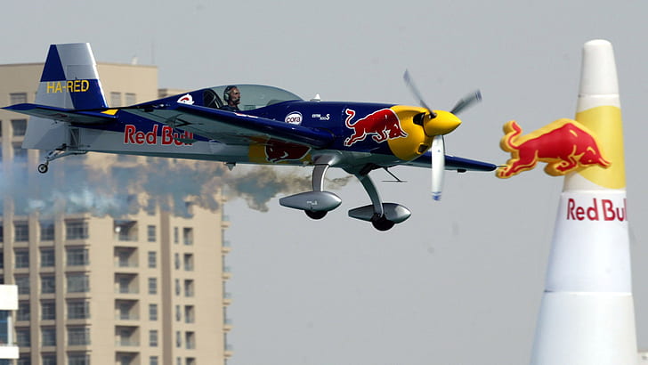 Aircraft Racing HD, blue grey and yellow redbull plane, sports, aircraft, racing, HD wallpaper