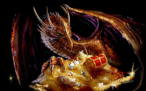Treasure Guardian, dragon with gold painting, sword, dragon, treasure chest, gold, 3d and abstract, HD wallpaper HD wallpaper
