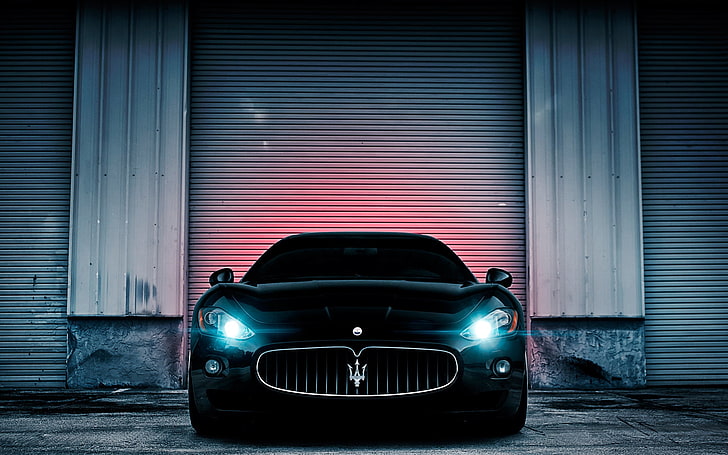 negro Maserati Granturismo, maserati, luces, pared, coche, Fondo de pantalla HD