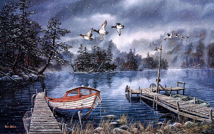 Watercolor painting, lake and woods, snow winter, dock, ducks, boat, Watercolor, Painting, Lake, Woods, Snow, Winter, Dock, Ducks, Boat, HD wallpaper