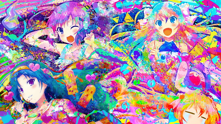 аниме, разноцветные, Rokujouma no Shinryakusha, аниме девушки, открытый рот, HD обои