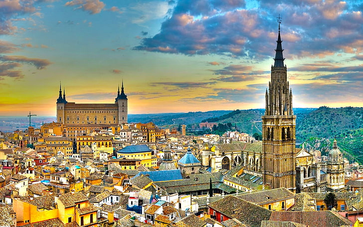 architettura, paesaggio urbano, edificio, vo edificio, castello, nuvole, alberi, Toledo, Spagna, torre, colline, chiesa, HDR, tetti, tramonto, Sfondo HD