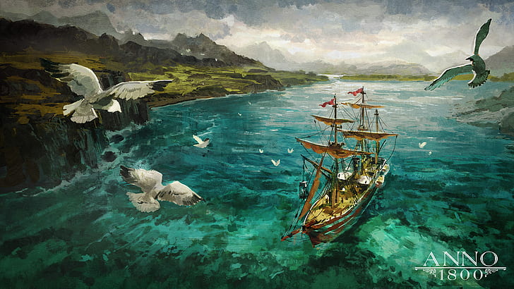 Anno 1800, 1800s, digitale Kunst, Konzeptkunst, Grafik, Ubisoft, Segelschiff, Fregatten, Seemöwen, Fluss, HD-Hintergrundbild