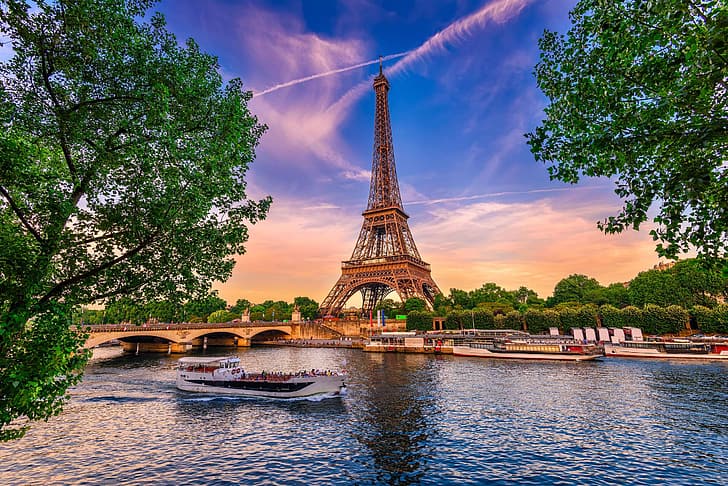 木々、橋、パリ、「セーヌ川」、エッフェル塔、 HDデスクトップの壁紙