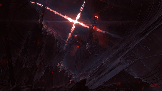 Kuldar Leement, rot, Drähte, Schwerelosigkeit, Science Fiction, Fantasiekunst, HD-Hintergrundbild HD wallpaper