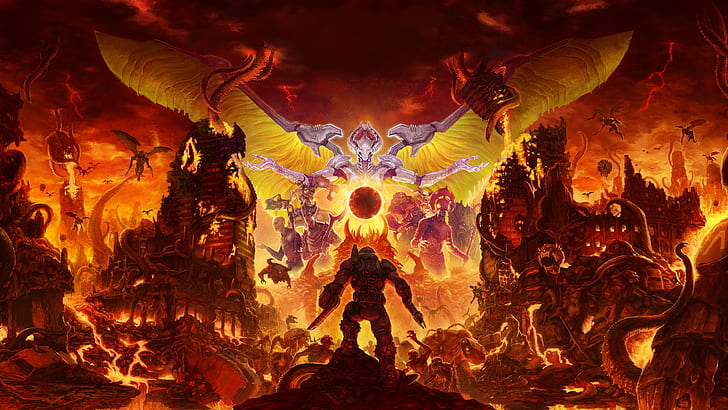 Doom (игра), DOOM Eternal, ад, демон, видеоигры, Bethesda Softworks, Id Software, иллюстрации, HD обои