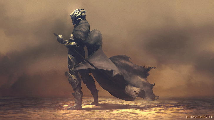 Ilustração de Ryu Hayabusa, papel de parede de guerreiro, guerreiro, armadura, obra de arte, arte digital, futurista, samurai, espada, escuro, personagens fictícios, marrom, poeira, HD papel de parede