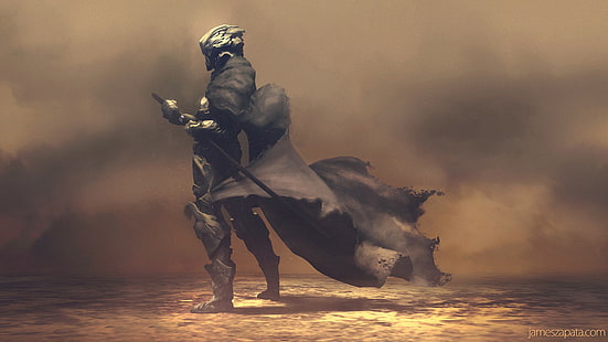 Ilustración de Ryu Hayabusa, fondo de pantalla de guerrero, guerrero, armadura, obra de arte, arte digital, futurista, samurai, espada, oscuro, personajes de ficción, marrón, polvo, Fondo de pantalla HD HD wallpaper