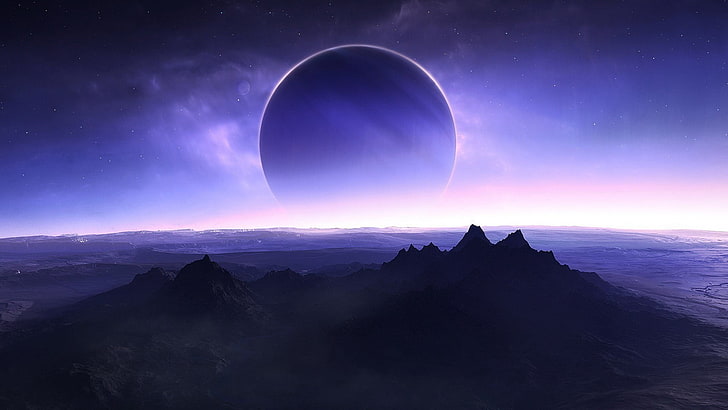 mountains and clouds, planet, solar eclipse, space art, mountains, digital art, landscape, stars, HD wallpaper