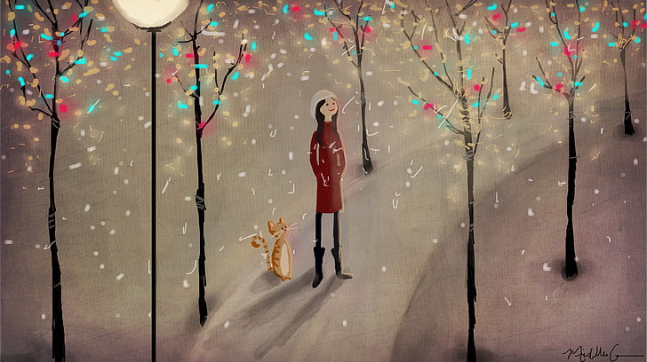 flicka som bär brun kappmålning, vinter, katt, snö, träd, Park, figur, flicka, lykta, stig, illustration, HD tapet