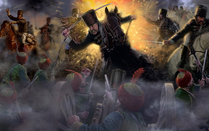soldiers painting, horse, war, gun, the Turks, Empire Total War, checker, Cossacks, HD wallpaper