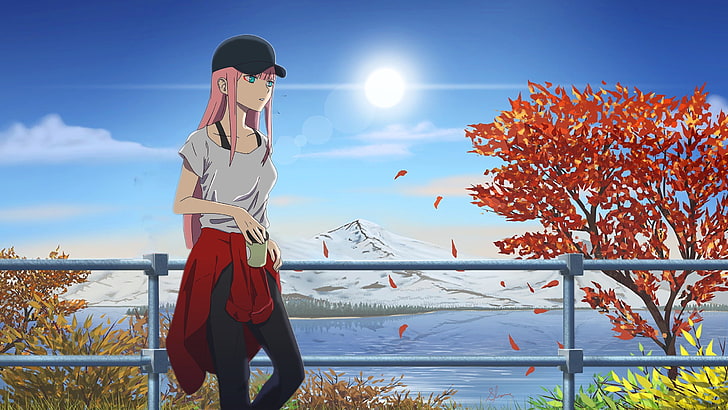 Darling in the FranXX, chicas anime, Zero Two (Darling in the FranXX), cabello rosado, Fondo de pantalla HD