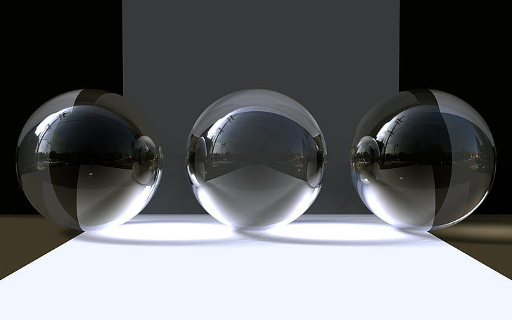 three round glass, balls, glass, gray, black, HD wallpaper