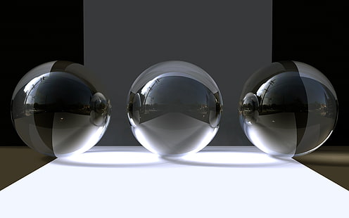 три кръгли стъклени, топки, стъклени, сиви, черни, HD тапет HD wallpaper