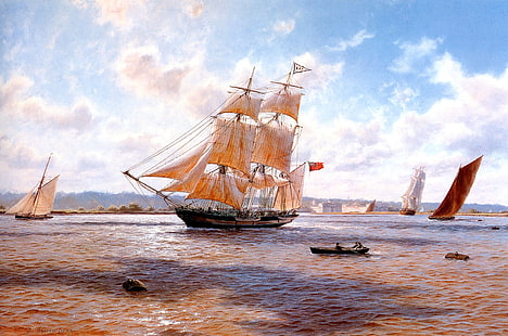 水の絵画、湾、要塞、手rowぎボート、帆船、アートワーク、車両のボディに茶色と白のボート、 HDデスクトップの壁紙 HD wallpaper