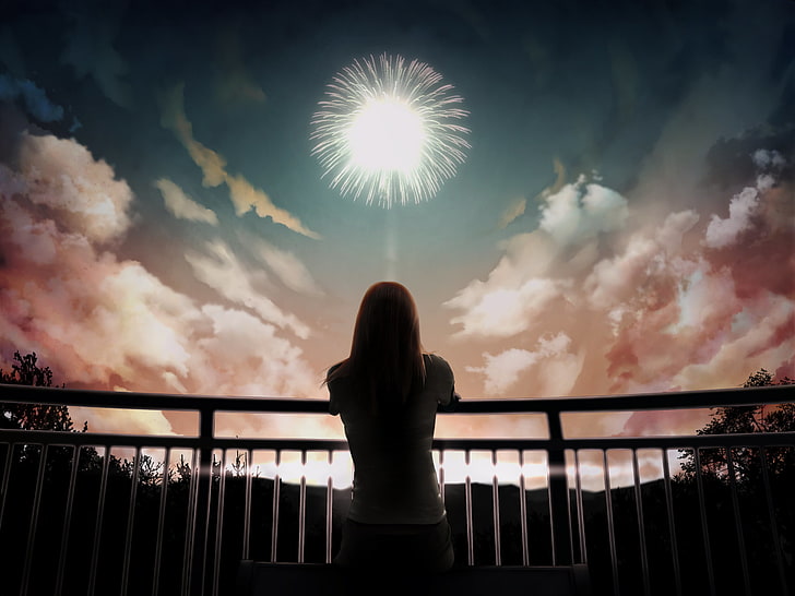 fireworks illustration, the sky, girl, clouds, art, railings, fireworks, back, HD wallpaper