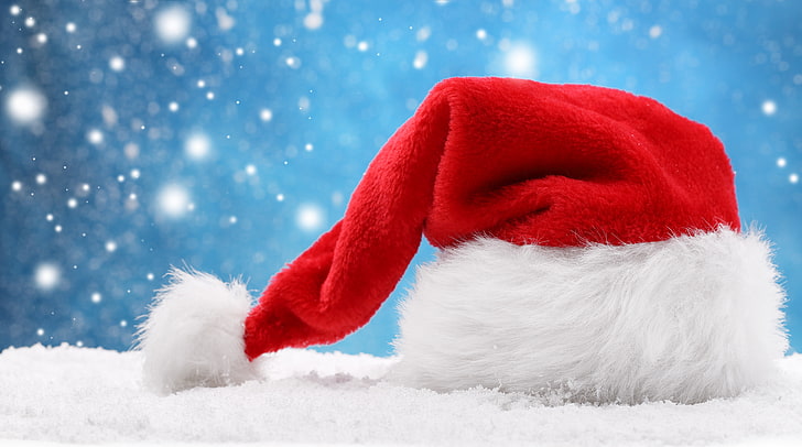 red and white Santa hat, snow, the hood, Christmas, New year, Santa Claus, hat, hats, Christmas spirit, Bonnet, HD wallpaper