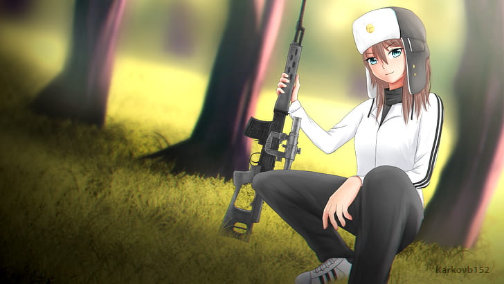anime, Russian, Dragunov sniper rifle, weapon, forest, anime girls, HD wallpaper