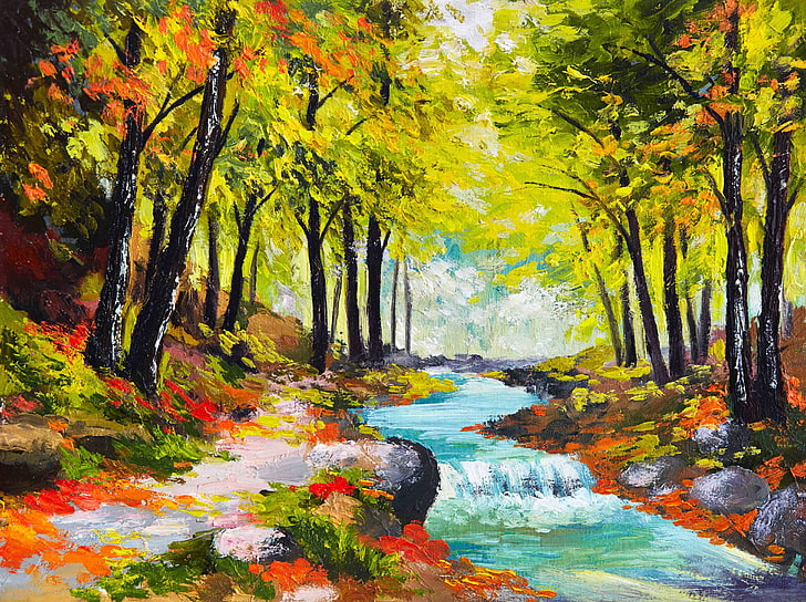 body of water between high trees painting, forest, river, seasons, paint, picture, art, painting, colorful, canvas, nature, autumn, strokes, oil., HD wallpaper