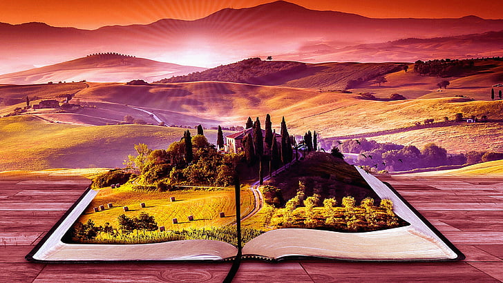 красный, книга, арт, пейзаж, воображение, сказочная страна, мечта, HD обои