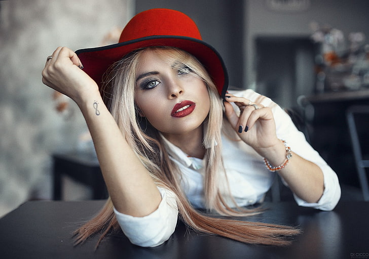 women, blonde, tattoo, hat, red lipstick, portrait, Alessandro Di Cicco, model, face, blue eyes, smoky eyes, white shirt, HD wallpaper