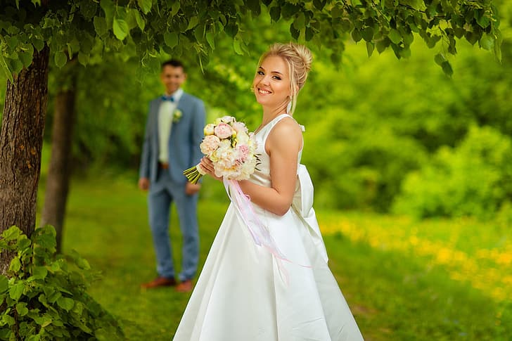 Liebe, Natur, Lächeln, Blumenstrauß, die Braut, Bokeh, der Bräutigam, HD-Hintergrundbild