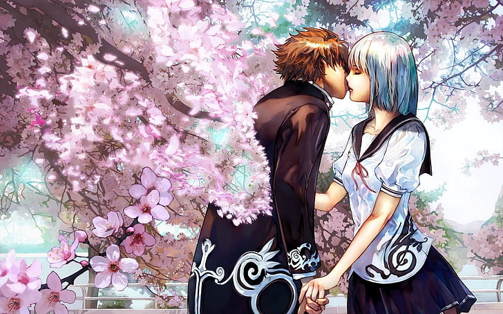 мъж и жена се целуват под черешово дърво анимирани тапети, черешова целувка, черешови цветове, двойка, любов, HD тапет