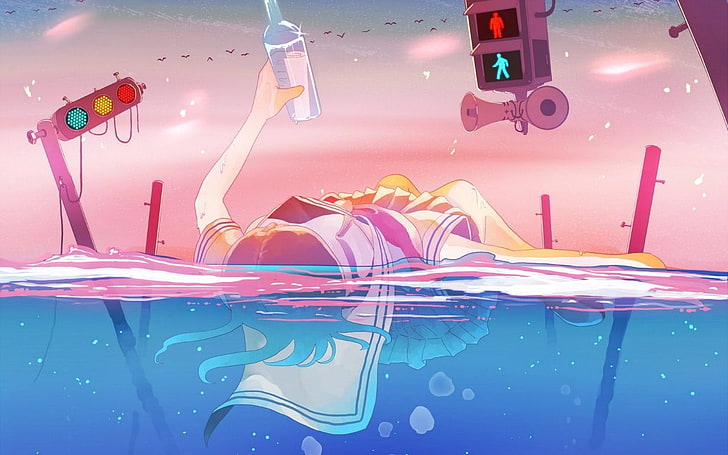 karakter wanita animasi mengambang di atas air sambil memegang botol kaca, lampu lalu lintas, air, gelembung, botol, berbaring, karya seni, tampilan split, Wallpaper HD