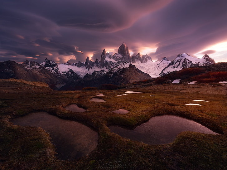 Fitz Roy, mountains, clouds, snowy peak, Patagonia, Chile, HD wallpaper