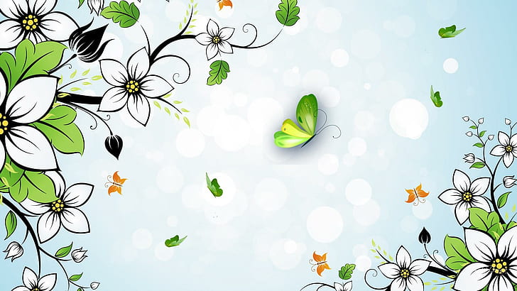 Summer White Flowers, papillon, fleurs, butterfly, flowers, spring, artistic, abstract, blue, light, bokeh, summer, HD wallpaper