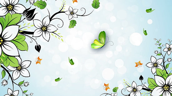 زهور بيضاء صيفية ، بابيلون ، زهور ، فراشة ، زهور ، ربيع ، فنية ، مجردة ، زرقاء ، فاتحة ، خوخية ، صيف، خلفية HD HD wallpaper
