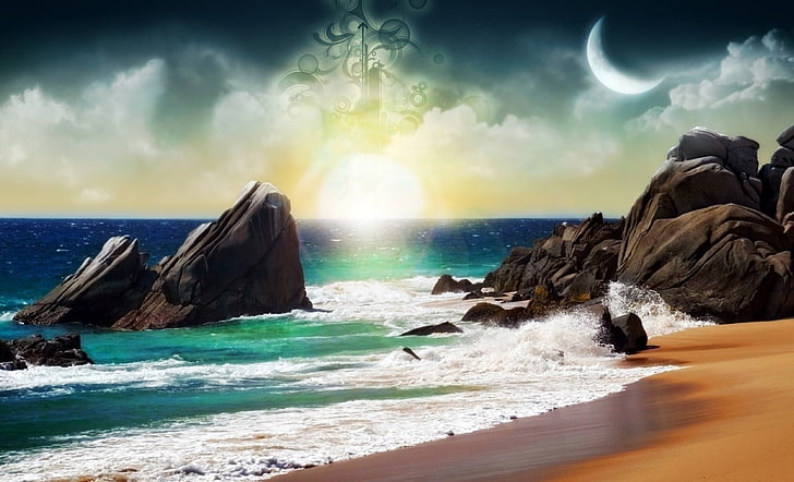lukisan pantai, pemandangan, Wallpaper HD