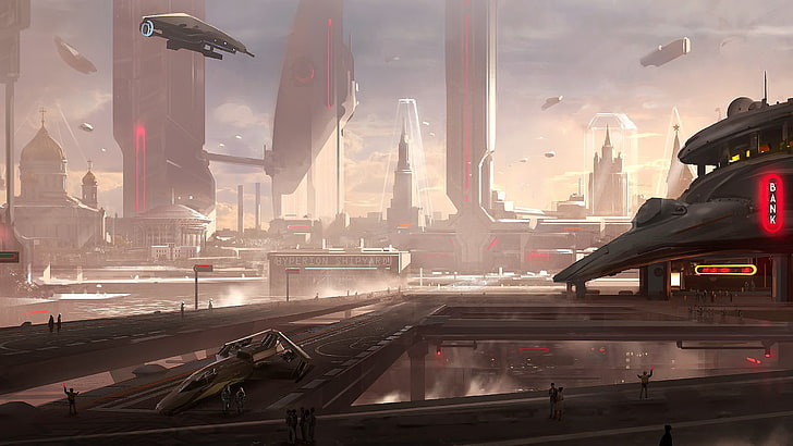 cities, city, future, futuristic, spaceship, spaceships, HD wallpaper