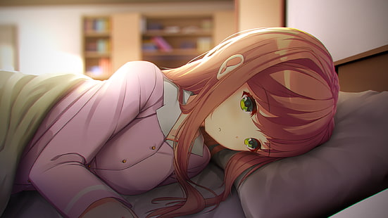 Club de Literatura Doki Doki, Monika (Club de Literatura Doki Doki), en la cama, chicas anime, ojos verdes, VaygrX, Fondo de pantalla HD HD wallpaper