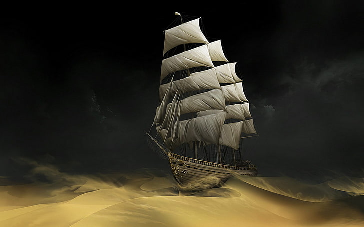 gray and black galleon illustration, sand, ship, sail, HD wallpaper
