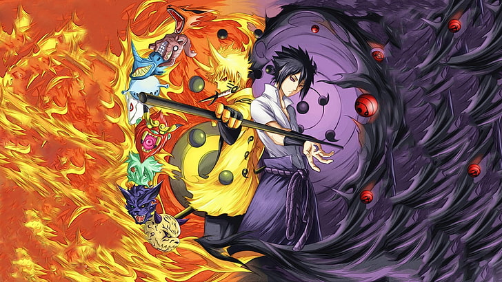 Anime Erkekler, Bijuu, Ateş, Manga, Naruto Shippuuden, Rinnegan, Sharingan, Uchiha Sasuke, Uzumaki Naruto, HD masaüstü duvar kağıdı